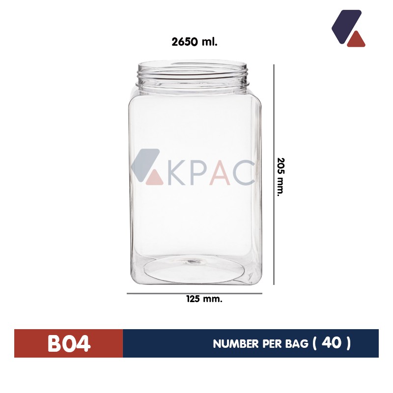 โหลพลาสติกเหลี่ยมฝาเกลียว รุ่น B04 ขนาด 2,650 ml.✅ สั่งได้รอบละ 1 ชุด (27 ใบ) หากต้องการหลายชุดกรุณากดสั่งซื้อใหม่อีกรอบ