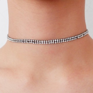 สร้อยโชคเกอร์เพชรสีเงินรมดำ 2 แถว สีเงินรมดำ Crystal Choker