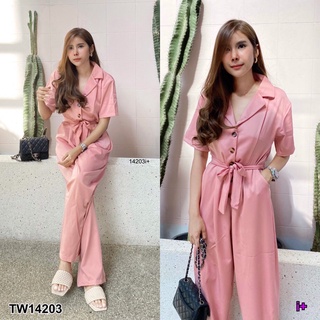 TW14203 Jumpsuit จั๊มสูทยาว คอปกฮาวาย กระดุมหน้า มีเขือกผูกเอวหรือจะใส่ปล่อยๆก็ได้จ้า ตีเกล็กช่วงเอว เนื้อผ้าปราด้า