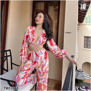 TW17848 Set 2 ชิ้น เสื้อแขนยาว พิมลาย ผูกเชือก + กางเกงขายาวพิมลาย