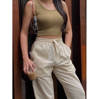 Maze Beige Linen Trousers กางเกงขายาว ยางยืด ลินิน สีเบจ