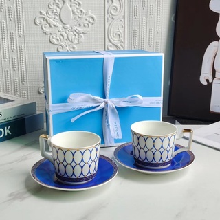 Wedgwood Gold Powder Nianhua European Coffee Cup Saucer Set Gift Box 2 Cups 2 Saucers