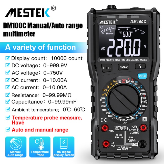 มัลติมิเตอร์ดิจิทัล DM100C นับเลข 1,000 อัตโนมัติ 750V 10A ตัวเก็บประจุ ทดสอบความต้านทาน ป้องกันการเผาไหม้ โวลต์มิเตอร์ ปลั๊กอิน สัญญาณเตือน ไม่สัมผัส NCV วัดอุณหภูมิ จอแสดงผลย้อนกลับ HD ข้อมูล