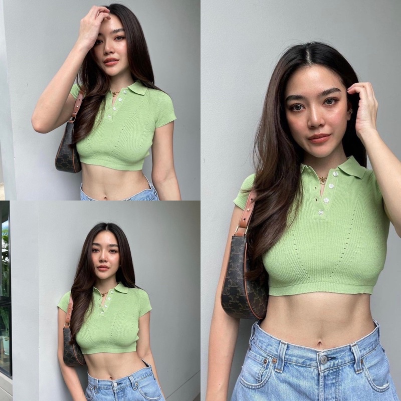 MesubShop ครอปมะปรางงงงงง ตรอปท็อปแขนสั้น ไหมพรมเนื้อนุ่มใส่สบาย ไม่หนา ทรงคอปกแต่งกระดุม 4 เม็ดคิ้วๆ ฉลุ4เม็ด D402B