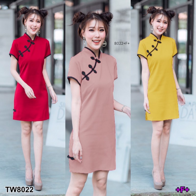 TT8022 Dress ชุดเดรสคอจีนแขนสั้น ติดกระดุมจีนเฉียงไหล่
