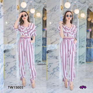 MM15005 Set 2 ชิ้น เสื้อผูกอกลายริ้ว + กางเกงขายาวลายริ้ว Set of 2 pieces. Striped shirt + striped pants.