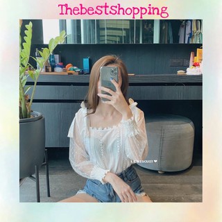 Thebest :: เสื้อคอเหลี่ยม แขนชีฟอง ผ้าดีมาก งานเนี้ยบ สีขาว เสื้อครอป (No.6) ✈️