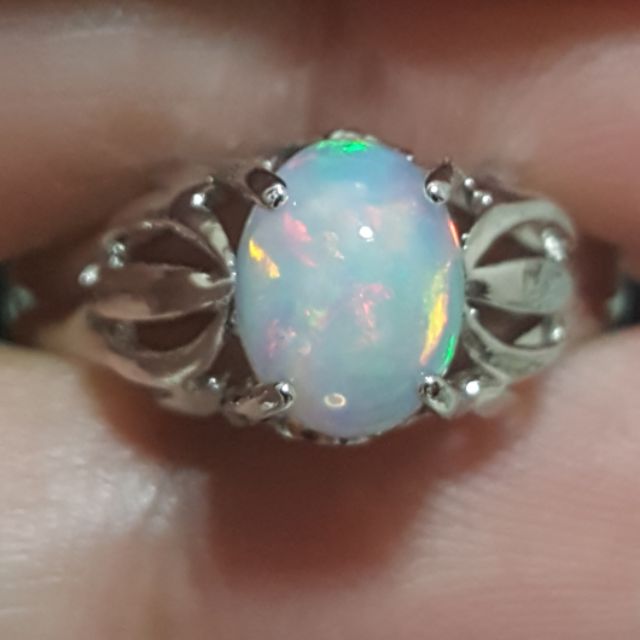 แหวนเงินเก่า โอปอลแท้ Natural opal ring size 53