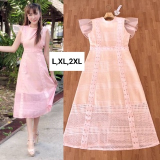 สวยหวาน!!! L-2XL Dress เดรสสีชมพูผ้าชีฟองปักลูกไม้แขนระบาย งานป้าย Love Love