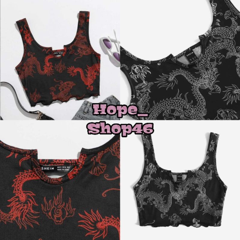 SHEIN พร้อมส่ง🍊 dragon pattern เสื้อกล้าม/ครอป ลายมังกรจีนสีแดงและขาว มีไซส์ใหญ่ ไซส์ XL เสื้อผ้าผู้