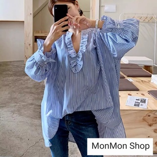 MONMONSHOP😊 MON5659 Striped blouse เสื้อแขนยาวลายทาง ทรง oversize รุ่นนี้จะแมทช์เป็นเสื้อ หรือใส่เป็นมินิเดรสก็ได้