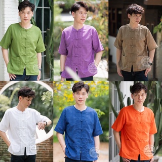 เสื้อพื้นเมืองเสื้อผ้าฝ้ายคอกลมกระดุม5เม็ด