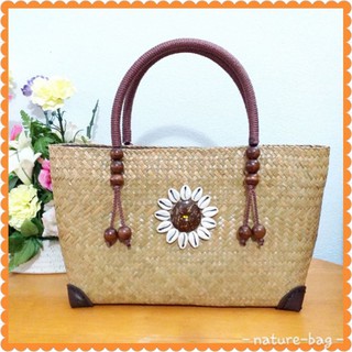 L​ กระเป๋าสานกระจูด บุผ้า+ซิบ+2ช่องเหรียญ  ประดับหอยปัก​  ขน…
