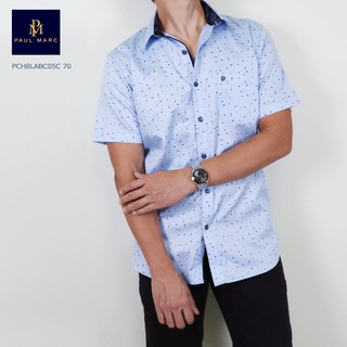 PAUL MARC เสื้อเชิ้ตลายจุด สี blue ocean ทรง slim - Print Short Sleev Shirt Blue Ocean Color