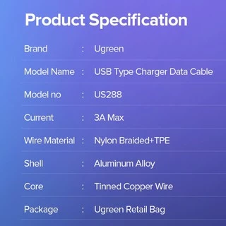 UGREEN สายชาร์จเร็ว USB Type C 3A Fast Charge & Data Cable สายชาร์จไนลอน Type C รุ่น US288