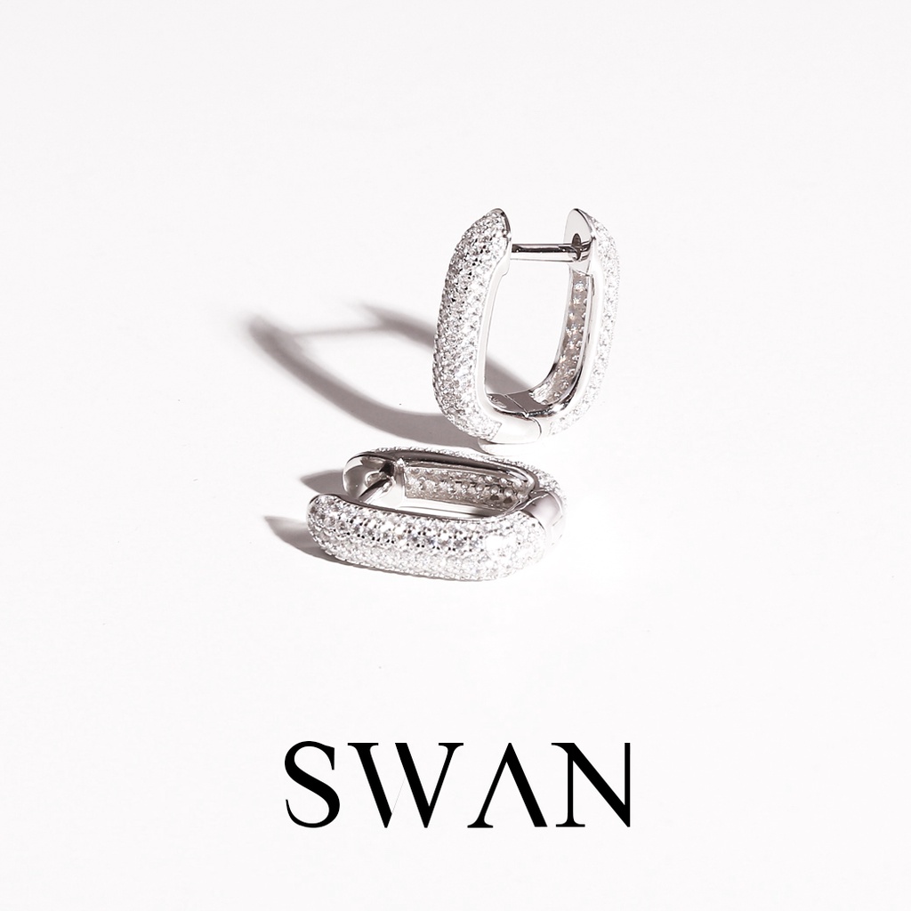 [ส่งด่วนฟรี]SWAN - Small Hoop Pave Earring ต่างหูเงินแท้ ทรงห่วงเหลี่ยม ฝังเพชรคิวบิกเซอร์โคเนีย