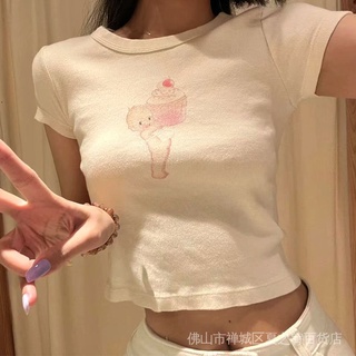 [SR-STUDIO] Brandy melville เสื้อยืดลําลอง ผ้าฝ้ายแท้ แขนสั้น พิมพ์ลาย Little Angel Take Cake BM สําหรับสตรี