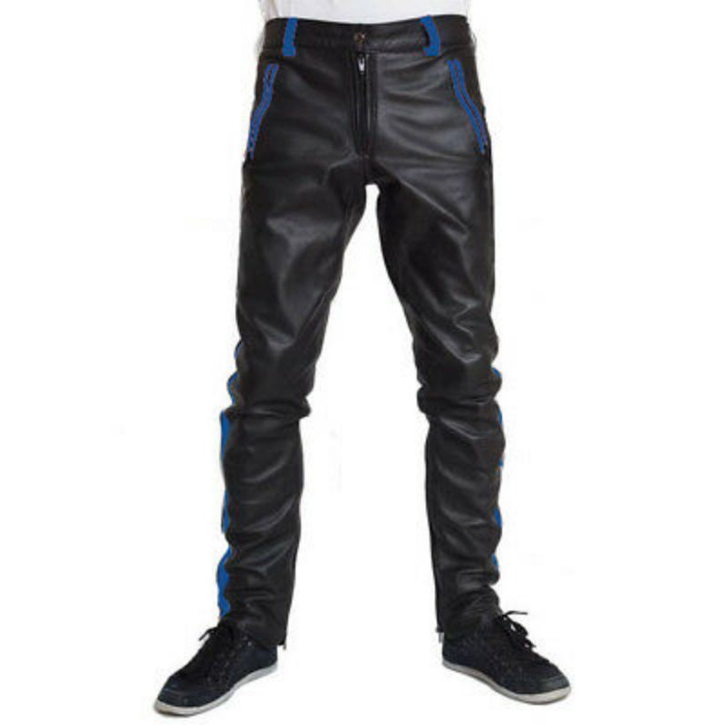 ผู้ชาย REAL COWHIDE LEATHER PANTS COLOR STRIPES BIKERS PANTS