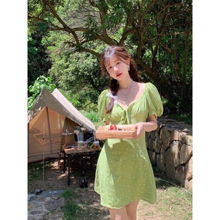 💚💚Green miniheart dress มินิเดรสสีเขียวสุดน่ารัก ลายมินิฮาร์ทสีขาว​ ผ้าใส่สบายค่ะ