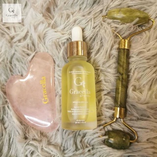 Set 4 ชิ้น Gracella organics face oil 30ml+กัวซาโรสควอทซพรีเมี่ยม 1+ โรลเลอร์หยก+  ซองกำมะหยี่ 1 รวม 4 ชิ้น