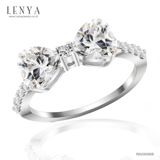 Lenya Jewelry แหวนเพชร DiamondLike ทรงหัวใจ เม็ดใหญ่ 6 มิล 2 เม็ด วางเป็นรูปโบว์ ตัวเรือนเงิน 925 ชุบโรเดียม