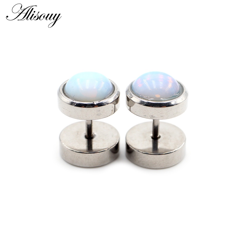 Alisouy 2 ชิ้น สเตนเลส ต่างหูพังก์ หินธรรมชาติ โอปอล ผู้ชาย ผู้หญิง บาร์เบล ดัมเบล ต่างหูกระดุม ต่างหู Tragus Helix เจาะ เครื่องประดับ