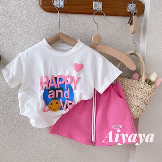 Aiyaya ชุดเสื้อผ้าเด็กผู้หญิง ชุดกีฬาแขนสั้นเด็กผู้หญิง ชุดเซต 2 ชิ้น（257）