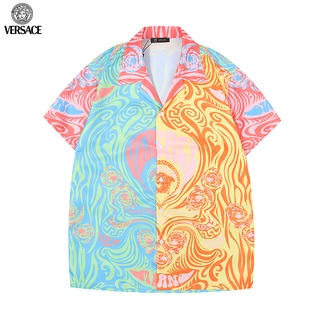 Versace เสื้อยืดแขนสั้น ผ้าฝ้าย พิมพ์ลาย แฟชั่นสําหรับผู้ชาย และผู้หญิง