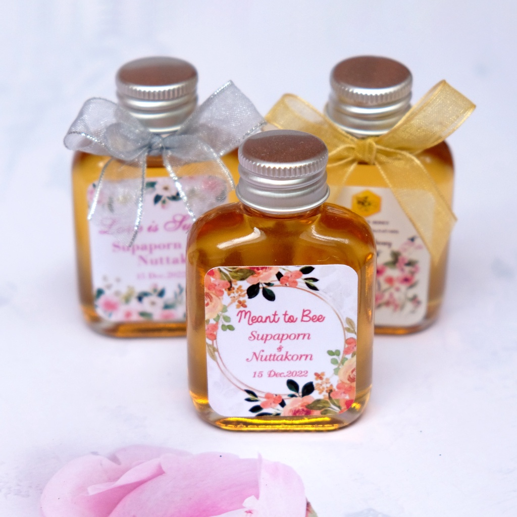 น้ำผึ้งของขวัญ ของชำร่วย ถวายพระ ขวดแบนออยล์ใส ขนาด 30 ml แจกงานแต่งงาน ขึ้นบ้านใหม่ งานเกษียณ เปลี่ยนป้ายตามธีมงานได้