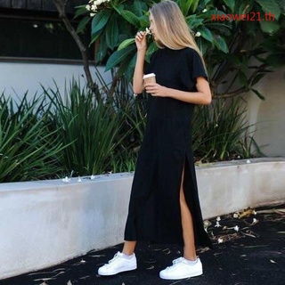 Women  Short Sleeve T shirt Plunge Long Maxi Dress High Split Slit Skirt