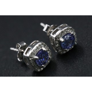 ต่างหูปักก้านเงินแท้925 ฝังพลอยแท้แทนซาไนต์(Tanzanite)ขนาดเม็ดละ 4 มม. ชุบโรเดียม