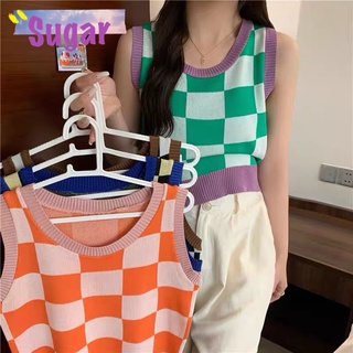 Sugar 🌈พร้อมส่ง🌈เสื้อกล้าม ไหมพรม ลายสก็อต ยืดได้เยอะมากใส่สบาย(2671)