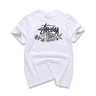 STUSSY เสื้อยืดแขนสั้น พิมพ์ลายปลาคาร์พ ดอกกุหลาบ แฟชั่นฤดูร้อน สําหรับผู้ชาย และผู้หญิง