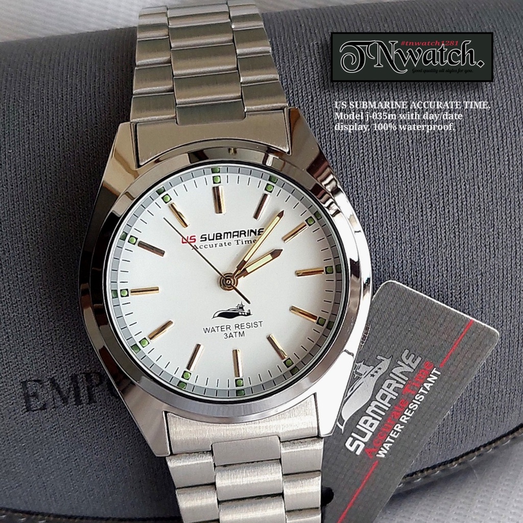 us submarine รุ่น J-035M นาฬิกา นาฬิกาชายสายเหล็ก นาฬิกาข้อมือแฟชั่น กันน้ำ พร้อมกล่อง หน้าปัดขาว