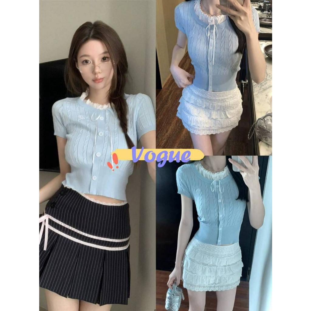 Vogue พร้อมส่ง เสื้อไหมพรม คอกลมแขนสั้น ดีเทลถักลายเปียก ขอบลูกไม้ (YX08)