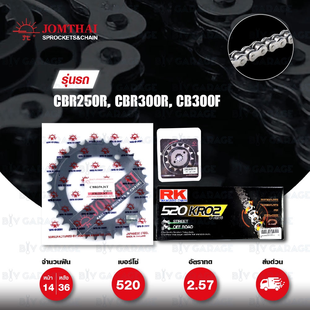 ชุดเปลี่ยนโซ่-สเตอร์ Pro Series โซ่ RK 520-KRO สีเหล็ก และ สเตอร์ JOMTHAI สีดำ สำหรับ Honda CBR250R 