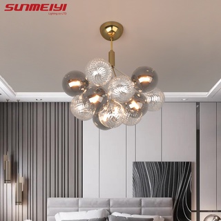 Sunmeiyi โคมไฟระย้า ลูกบอลแก้ว สีเทา สีทอง สไตล์นอร์ดิก สําหรับตกแต่งห้องครัว ห้องนั่งเล่น