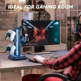 ขาตั้งชุดหูฟัง RGB 9 โหมดแสงผู้ถือคอนโทรลเลอร์สําหรับโต๊ะที่ถอดออกได้ตะขอควบคุมสําหรับหูฟัง