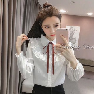 เชิ้ตแฟชั่นเกาหลีใส่ทำงาน​ ลายริ้ว​ อกระบายโค้ง