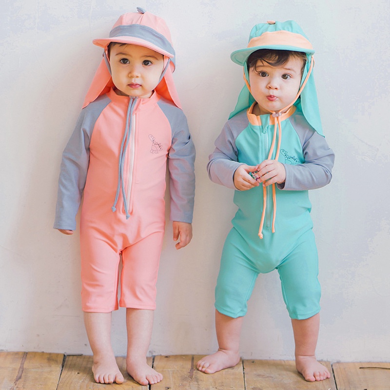 ชุดว่ายน้ําสําหรับเด็กทารกผู้ชายผู้หญิงอายุ 1-7 ปีแขนยาว One-Pieces พร้อมหมวก
