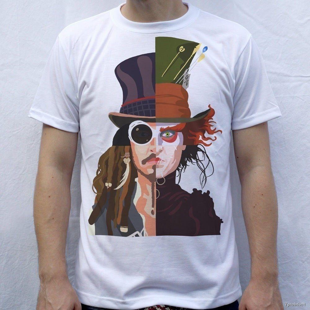 Tshirtคอลูกเรือcrew neckJohnny Depp T-Shirt Willy Wonka Mad Hatter Jack Sparrow White Men'S T-Shirt Plus Size Clic Spo