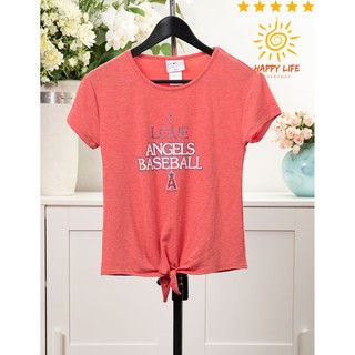 GENUINE MERCHANDISE  มือสอง เสื้อยืดแฟชั่น เขียนตัวอักษรภาษาอังกฤษ ผูกโบว์ชายเสื้อ คอกลมแขนสั้น  เก๋  ผ้าคอตตอนนุ่มยืด ส