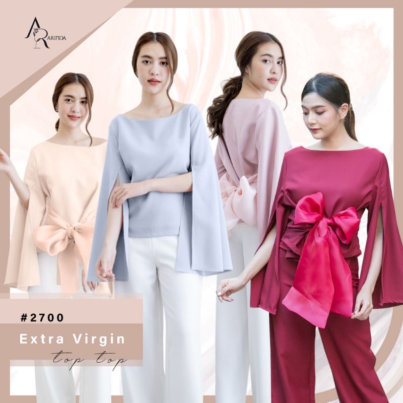 ARINDA Extra Virgin Top 2700-42 : เสื้อคอปาด แขนผ่า ดีเทลโบว์ผ้าออแกนดีตรงช่วงเอว