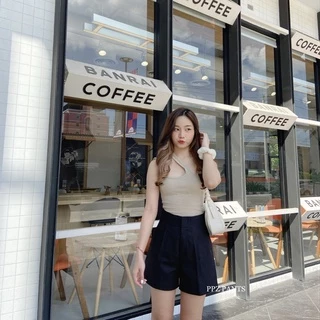 Linen01✨กางเกงขาสั้น ผ้าลินิน เอวสูง ซิปหน้า พรางต้นขา