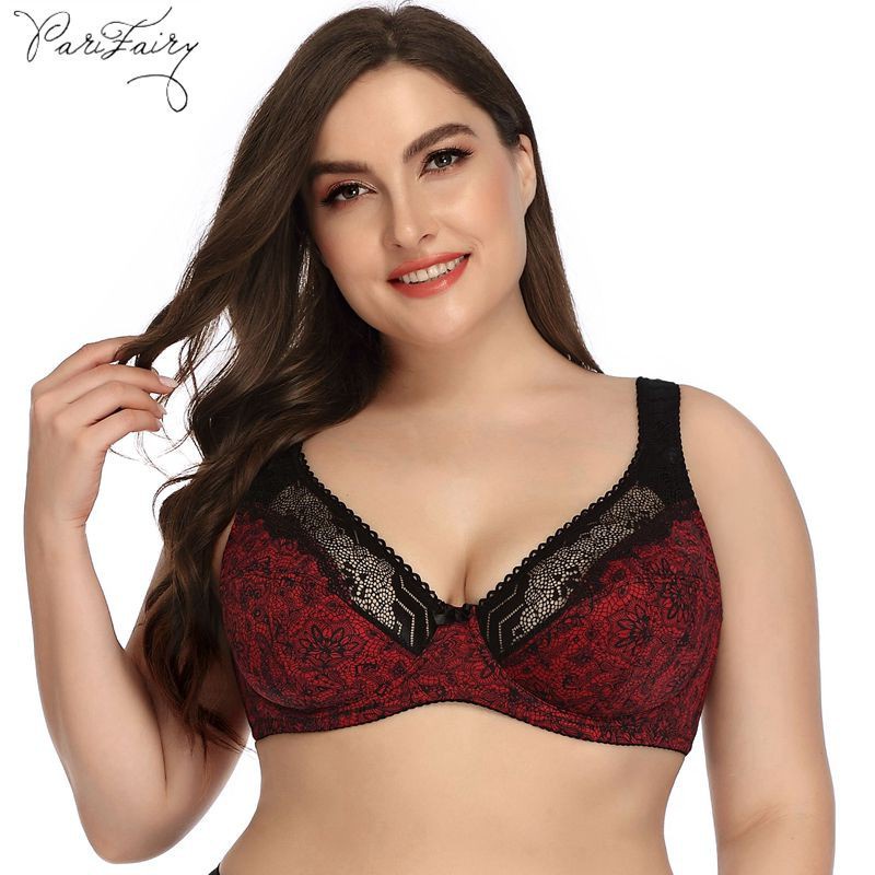 PARIFAIRY Ultra Thin Minimizer Bra สําหรับผู้หญิง Underwire ดอกไม้พิมพ์ Bra Plus ขนาด 38D 40D 42D 44