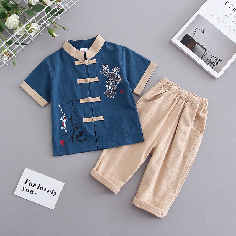 Cny ชุดเสื้อแขนสั้น และกางเกง ลายดอกไม้ สไตล์จีน สําหรับเด็กผู้ชาย