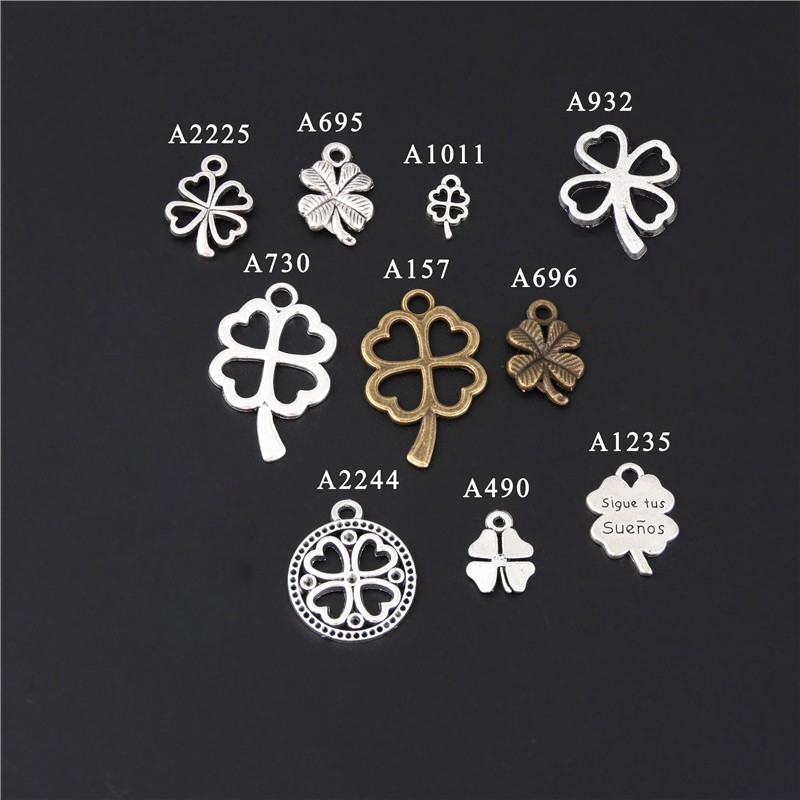 จี้รูปใบโคลเวอร์นําโชค 4 แฉก แฮนด์เมด สีเงิน และสีบรอนซ์ 10 ชิ้น