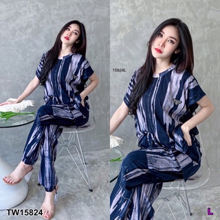 TW15824 Set 2 ชิ้น เสื้อคอกลม แขนล้ำ เย็บติดป้ายหน้าอก กางเกงขายาว เอวสูง เอวยางยืดมีสายรูดผูกเอว ปลายขาเย็บจั๊มยางยืด