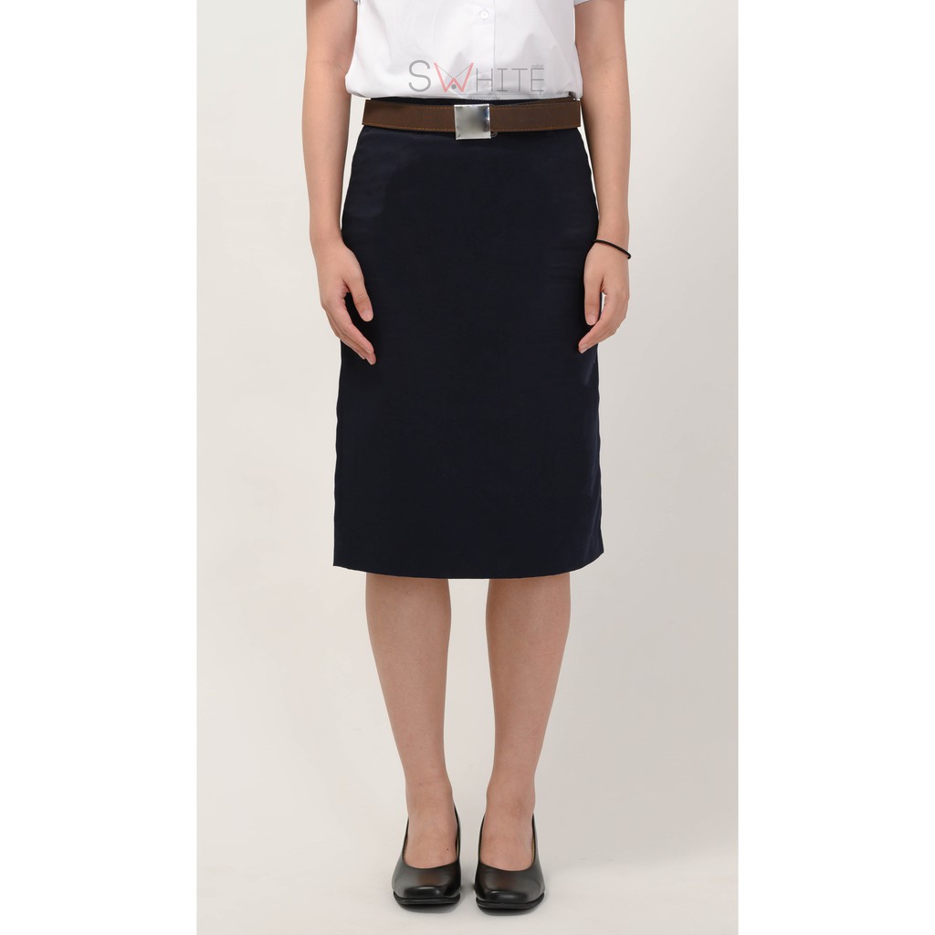 S-white กระโปรงทรงเอ กระโปรงพิธีการ คลุมเข่า ผ่าหลังเกย สีกรมท่า กระโปรงรับปริญญา ความยาว 24 นิ้ว กป