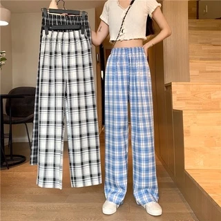 🚀ถูกที่สุด 30สี กางเกงลายสก็อต สไตล์เกาหลี ผู้หญิงเอวสูงยางยืด โอเวอร์ไซต์ทรงกระบอก #355